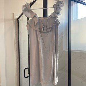 Lilac babydoll mini dress with ruffle sleeves and neckline